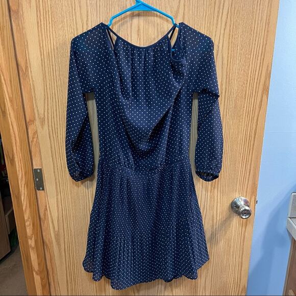 Michael Kors Navy Blue Polka Dot Cold Shoulder Dress Size Medium - Picture 2 of 10